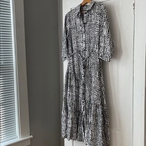 Zara Monochrome Patterned midi length dress, collar, button front